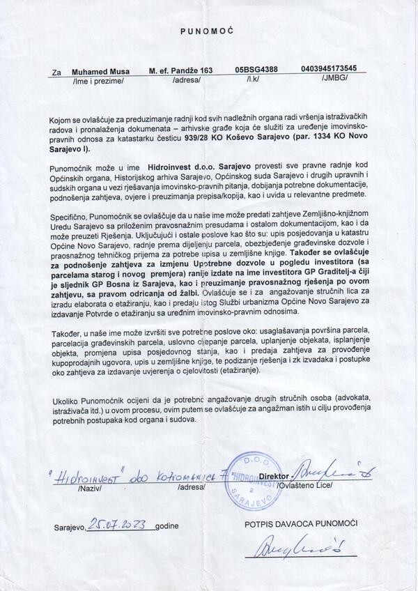Ovlaštenje od Hidroinvest