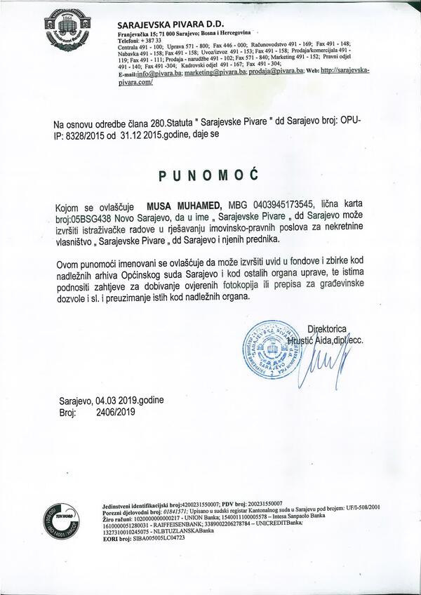 Ovlaštenje od Sarajevske pivare