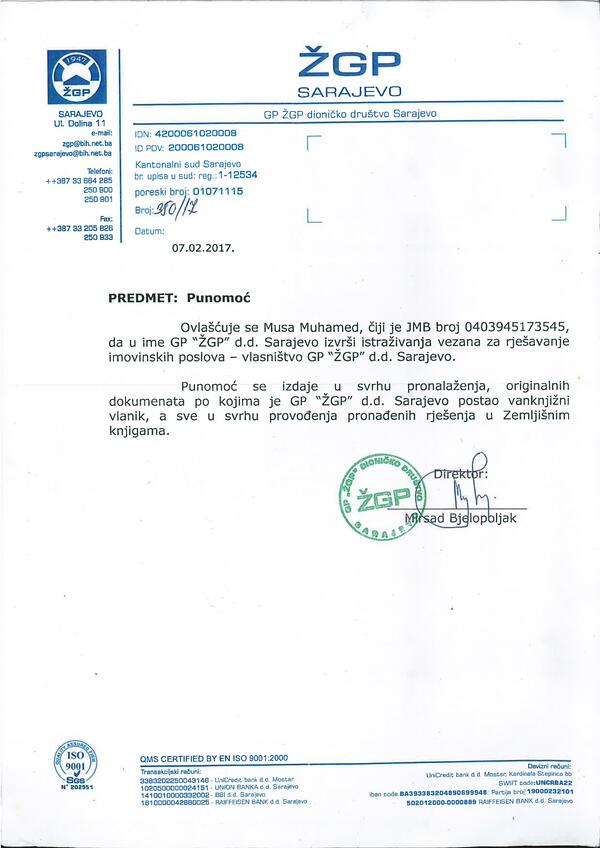 Ovlaštenje od ZGP Sarajevo