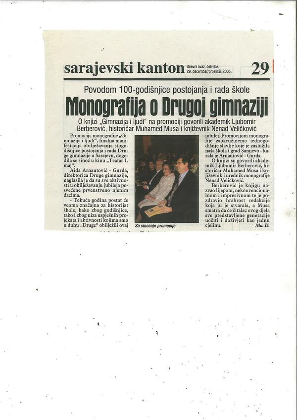 Članak u Dnevnom Avazu o govoru i monografiji Druge gimnazije