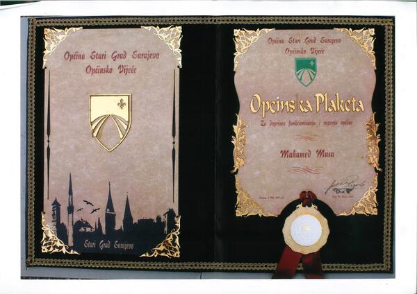 Plaketa od Općine Stari Grad kao priznanje za doprinos zajednici