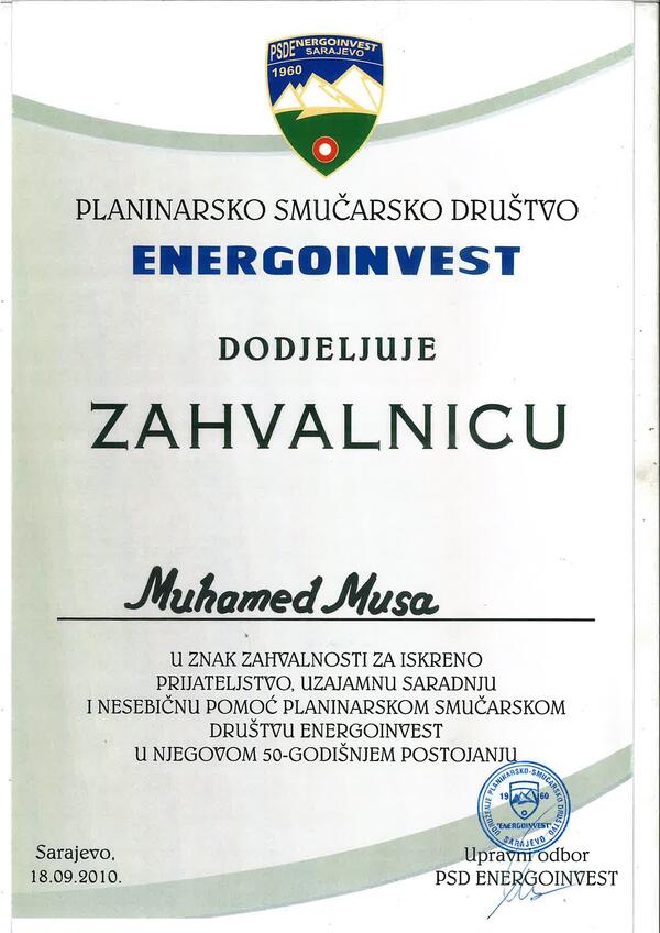 Zahvalnica od Planinarskog društva Energoinvest